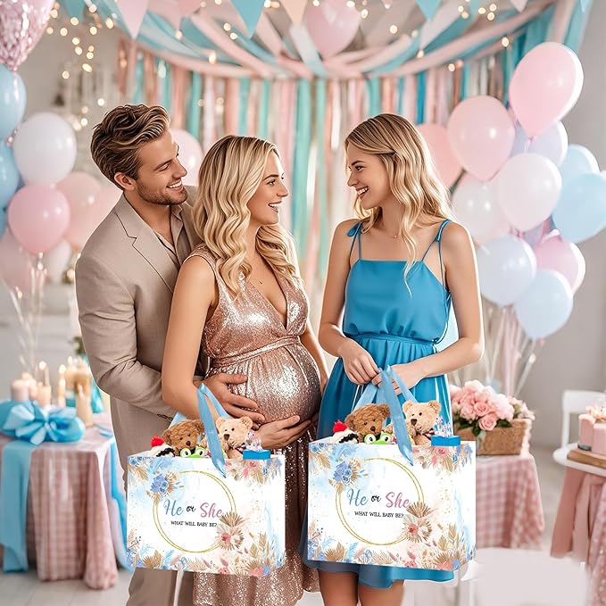 Gender Reveal Gift Bag Blue Pink Boy or Girl Paper Bag with Wrapping Paper Card What Will Baby Be Party Decoration Boho Flower Treat Candy Bag for Baby Shower Gender Reveal Birthday Party Supplies