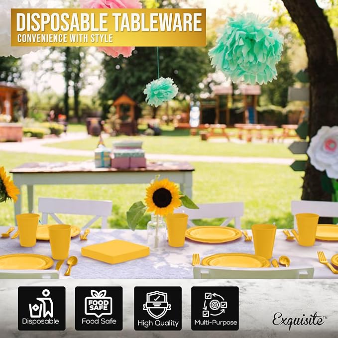 350 Pcs Yellow Plastic Plates For Party, Yellow Disposable Plates Set, 50 Of Each 9" Dinner Plate Set, 7" Dessert Plate, Cups, Napkins & Cutlery Plastic Dinnerware Exquisite
