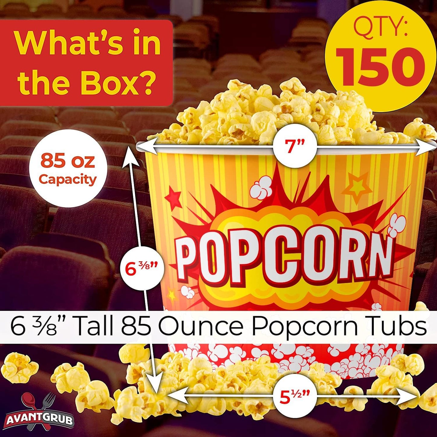 Greaseproof, Retro 85oz Popcorn Buckets 150 Pack. Reusable and Durable Pop Corn Tubs in Red Yellow. Large Disposable Containers Perfect For Movie Night, Theme Party, Theater, Carnivals & Fundraisers