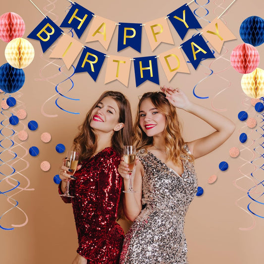 Navy Rose Gold Birthday Decorations with Happy Birthday Banner, Paper Honeycomb Balls, Circle Garland and Hanging Swirl Decorations