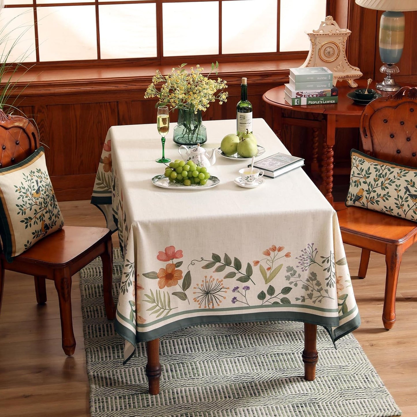 Beige Linen Long Rectangle Tablecloth,Vintage French Shabby Chic Floral Wrinkle Free Table Cloth,Decor Table Cover for Kitchen,Dining,Party,Christmas,Thanksgiving,63"*94"-Manolya