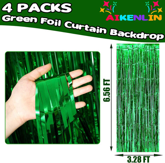 4 Pack 3.3Ft x 6.6Ft Green Foil Fringe Curtain Backdrop, Metallic Tinsel Foil Fringe Streamers Curtains Background for Photo Booth, Birthday, Wedding, Halloween, Christmas Party Decoration