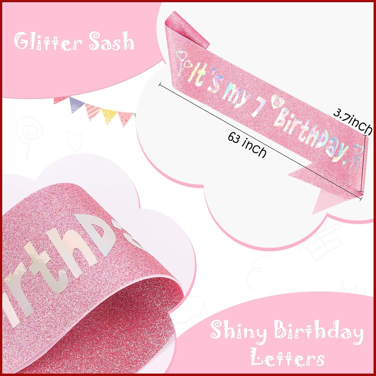 7th Birthday Decorations for Girls Set - Happy 7th Birthday Princess Crown and Glitter Sash, 7 Year Old Girl Tiara Party Decorations Supplies Outfit Accessory Gifts