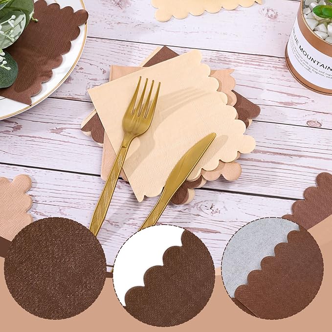 Whaline 150 Pack Fall Color Brown Neutral Cocktail Napkins Wood Grain Napkins Brown Gradient Color Napkins with Scalloped Edges Disposable Napkin in 3 Colors for Party Supplies Table Decor, 5 x 5 In