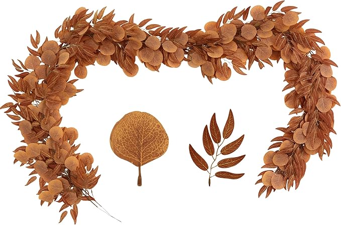Greentime 2 Pack Artificial Autumn Eucalyptus Garland 6.5 Feet Fake Fall Leaf Garland for Thanksgiving Wedding Table Runner Fireplace Decor