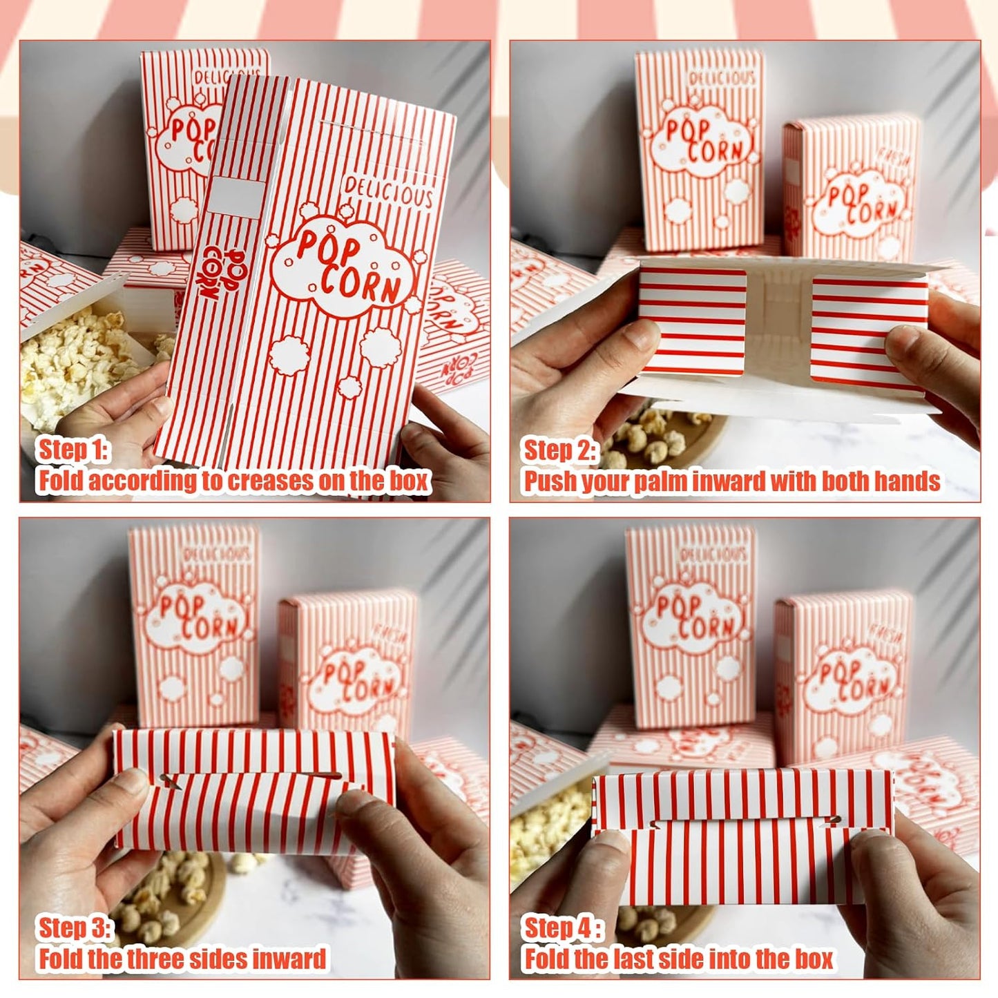 200Pcs Popcorn Boxes Containers 1.25 Oz Paper Popcorn Buckets Red and White Striped Close-Top Cardboard Pop Corn Bowls Individual Servings Bags for Party Movie Night