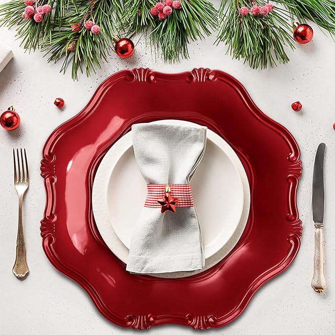 ZOOFOX Set of 12 Red Charger Plates, 13" Metallic Scalloped Charger for Dinner Plate, Decorative Service Plates for Christmas Tabletop Holiday Wedding Catering Event Decor