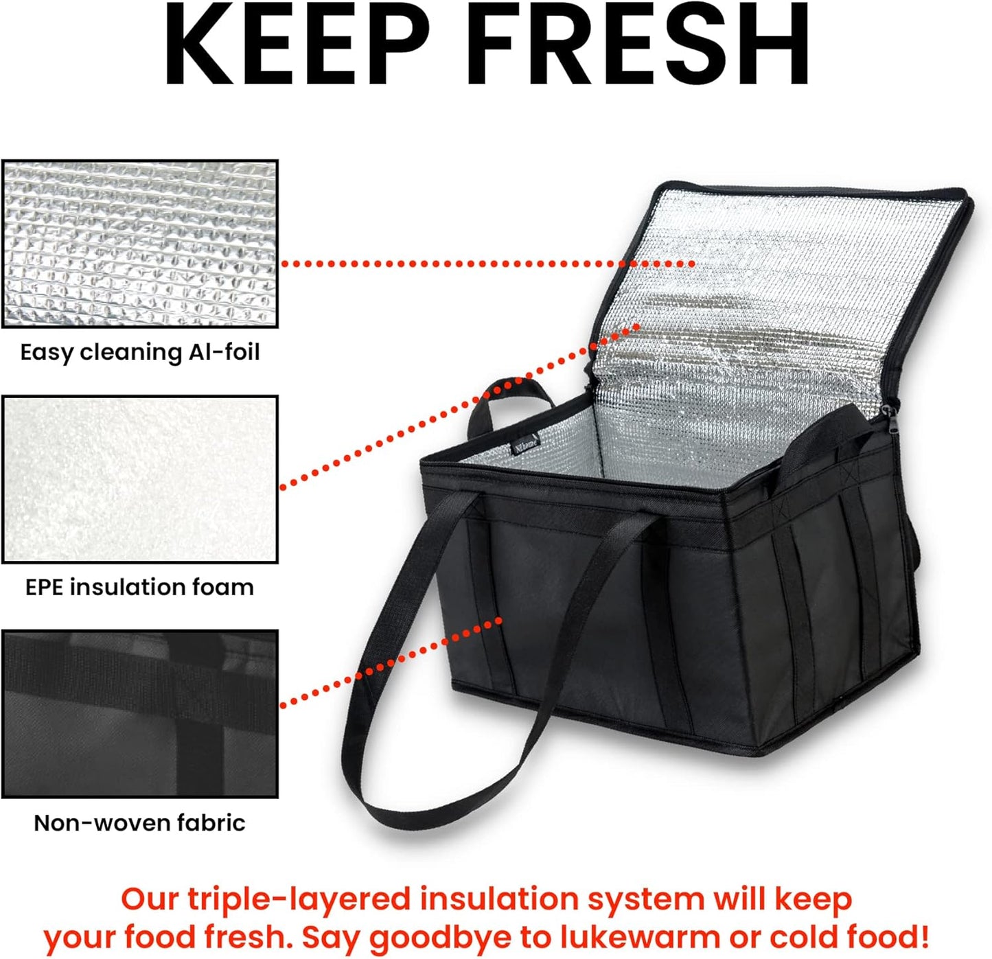 NZ Home Insulated Cooler Bag and Food Warmer (Large, 2 pack) for Food Delivery & Grocery Shopping with Zippered Top, Black