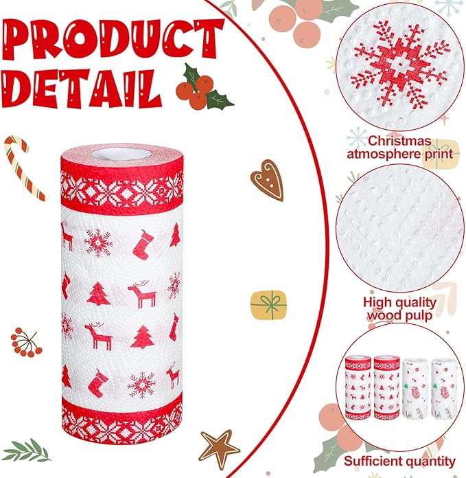 4 Rolls Christmas Kitchen Paper Towels Grease Proof Food Liner Fried Food Snacks Wrapping Paper 9 x 9 Inches for Holiday Kitchen Business Restaurant