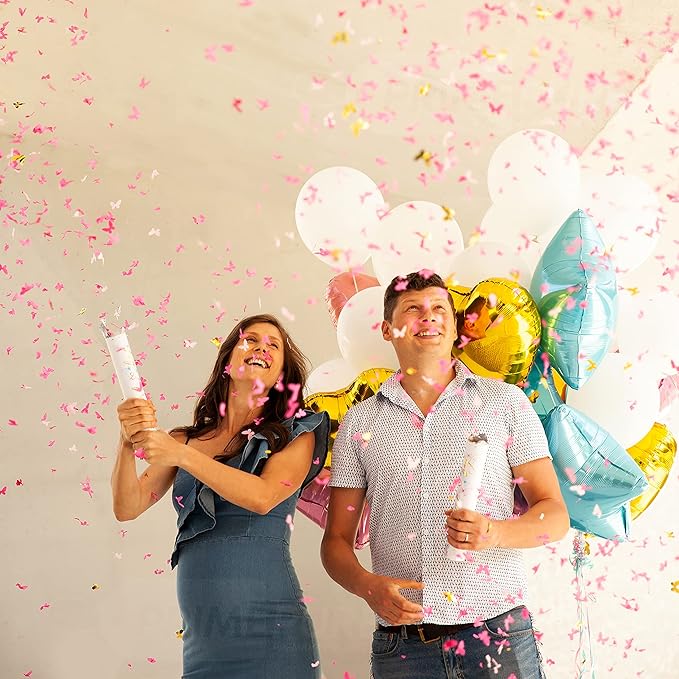 PrimePure Gender Reveal Confetti Cannon - Butterfly Shaped Confetti Poppers - Pink, 2 Pack - Baby Girl Gender Reveal Party Poppers Shooters - Pink Paper Butterflies Baby Shower Party Supplies Pop Gun