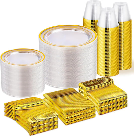 WELLIFE 600 PCS Clear Gold Disposable Dinnerware Set for 100 Guests, Clear and Gold Plastic Plates, Gold rimmed Plastic Dinner & Salad Plates,Cups,Silverware Set for Wedding