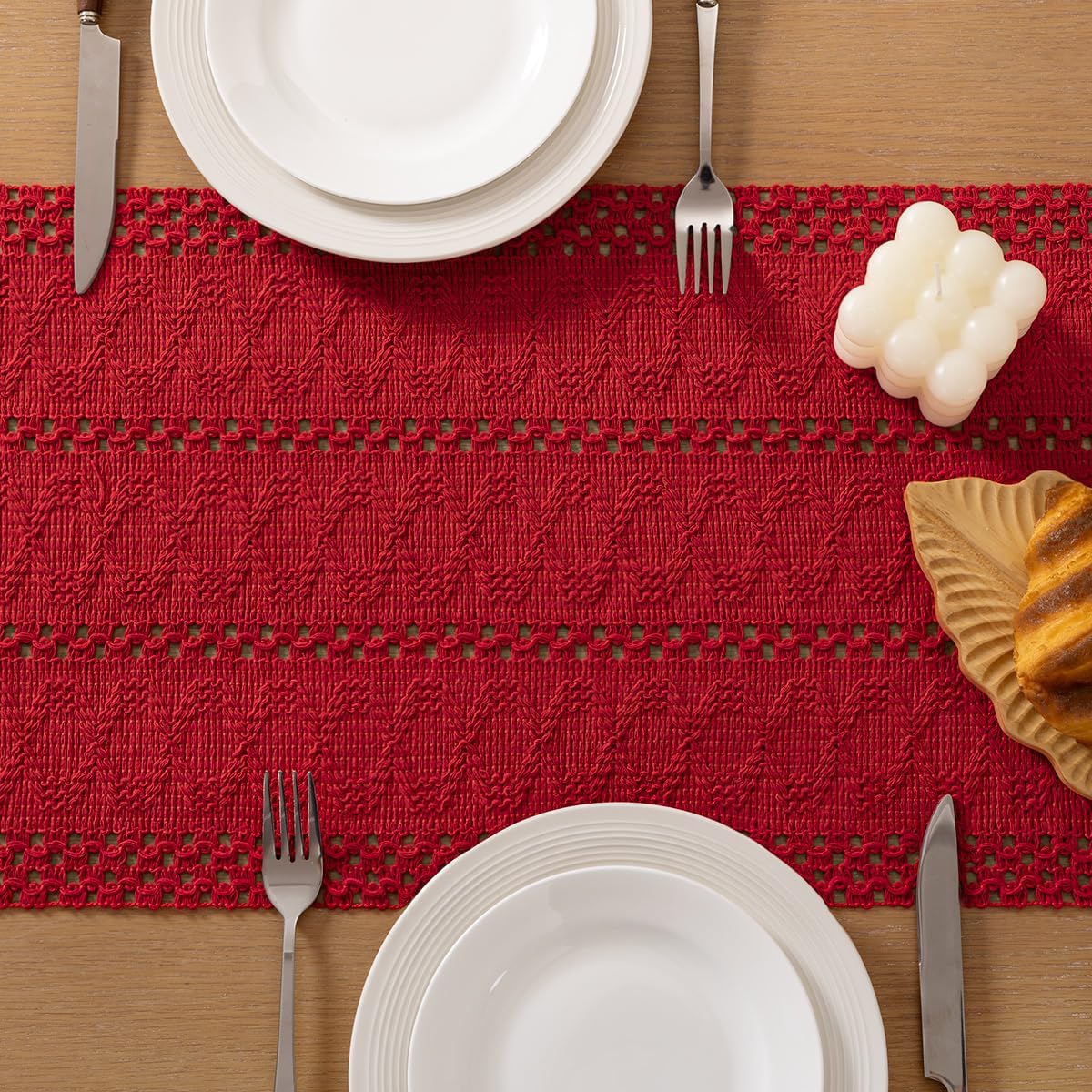 Socomi Boho Table Runner Fall Thanksgiving Farmhouse Rustic Dining Kitchen Centerpiece Decor Small Macrame Woven Cotton Linen Coffee Table Runner for Dresser Scarf Home Decor 12x60 in Red