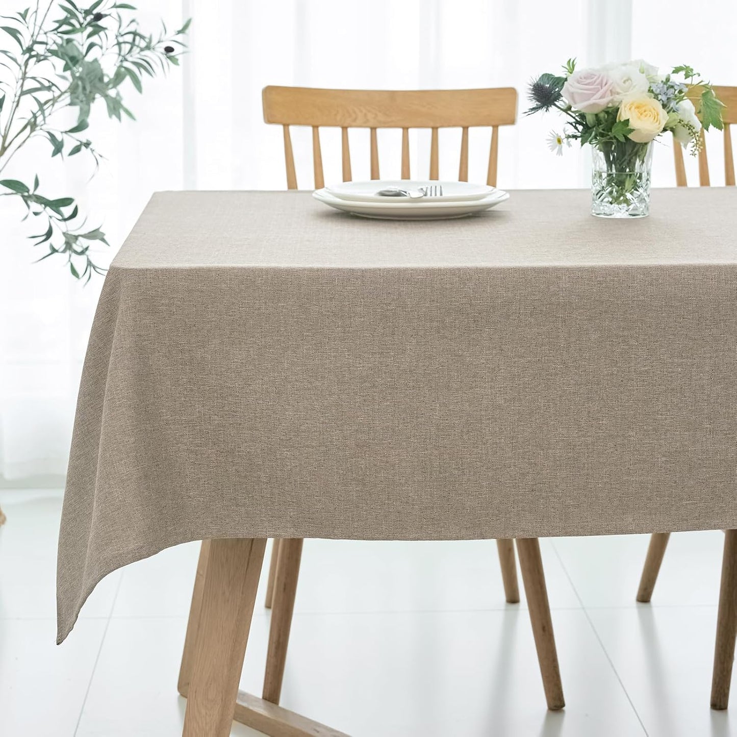 maxmill Rectangle Linen Textured Tablecloth Waterproof Spillproof Wrinkle Free Washable Fabric Table Cloth Kitchen Dining Tabletop Decoration Table Cover for Holiday Dinner Party, 52 x 70 Inch, Mocha