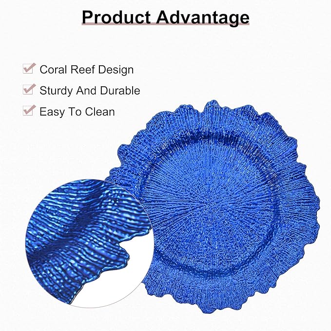 uxcell 10pcs Reef Charger Plates Bulk, 13 Inch Plastic Floral Charger Plates, Round Plate Chargers for Dinner Wedding Party Event Table Setting Decoration Blue