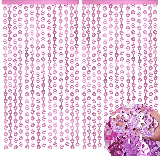 Cat Party Decorations - 2 Packs Pink Paw Foil Fringe Streamers Curtains for Boys Girls Birthday Backdrop Decorations, Pet Themed Photo Booth Prop (3.3x6.6 ft)