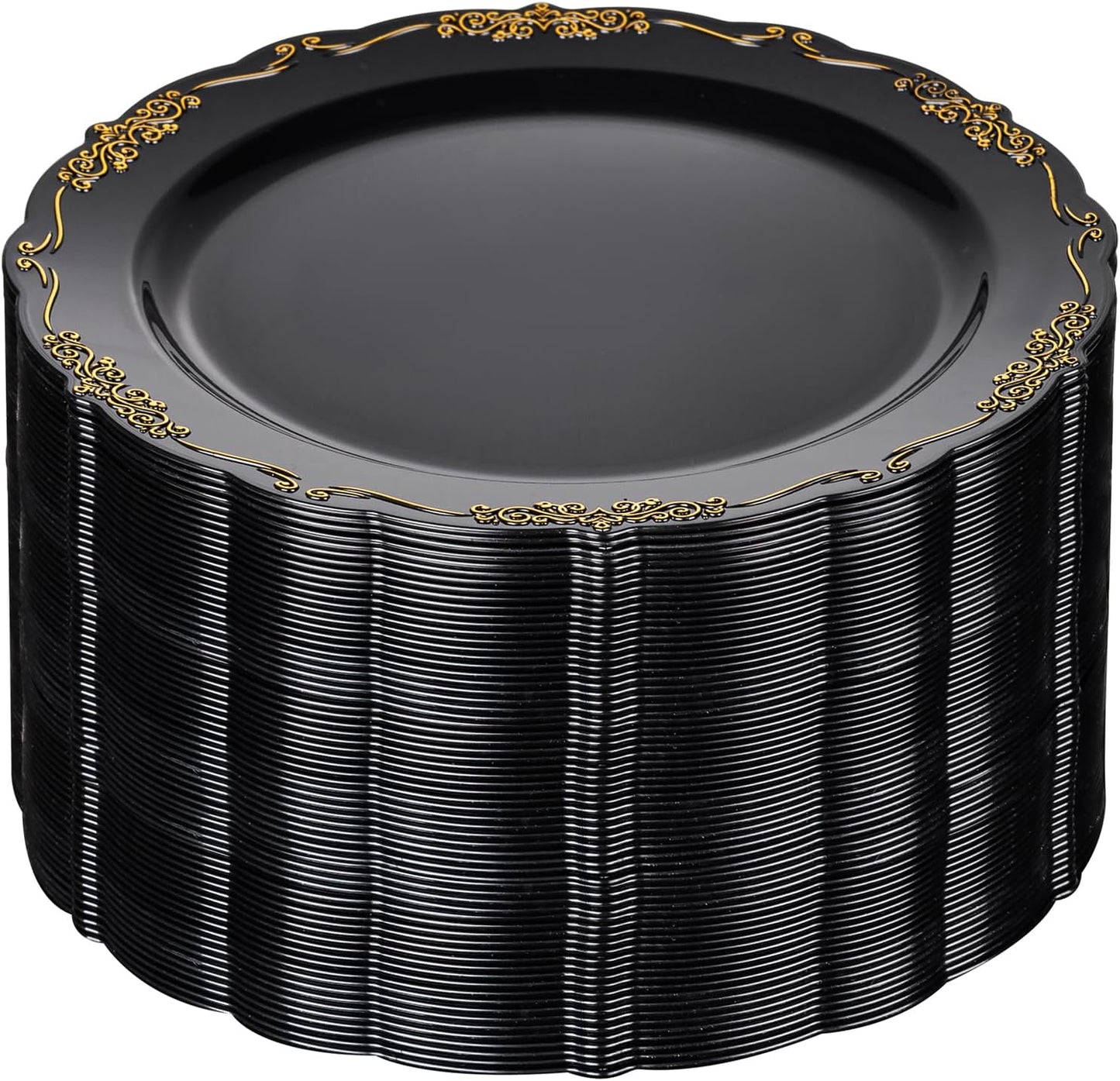 DaYammi 60PCS Black and Gold Plastic Plates, Heavy Duty Black and Gold Disposable Plates Premium 10inch Dinner Plates Hard Plastic Plates Disposable for Halloween Party and Wedding