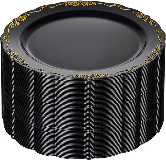 DaYammi 60PCS Black and Gold Plastic Plates, Heavy Duty Black and Gold Disposable Plates Premium 10inch Dinner Plates Hard Plastic Plates Disposable for Halloween Party and Wedding
