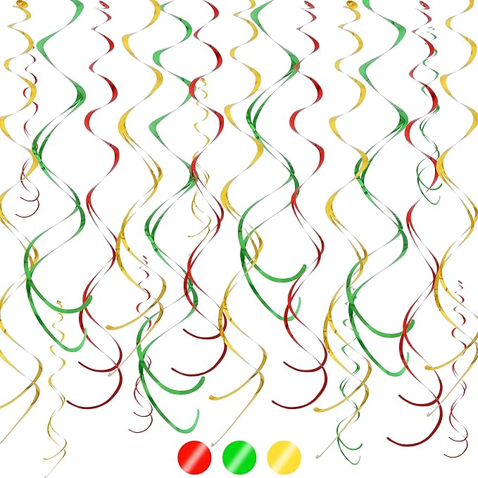 BEISHIDA Red Green Gold Hanging Swirls Party Decorations Plastic Streamer for Christmas Hanging Ornament Decorations, Christmas Wedding Graduation Party Supplies, Pack of 24