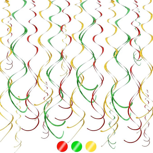 BEISHIDA Red Green Gold Hanging Swirls Party Decorations Plastic Streamer for Christmas Hanging Ornament Decorations, Christmas Wedding Graduation Party Supplies, Pack of 24