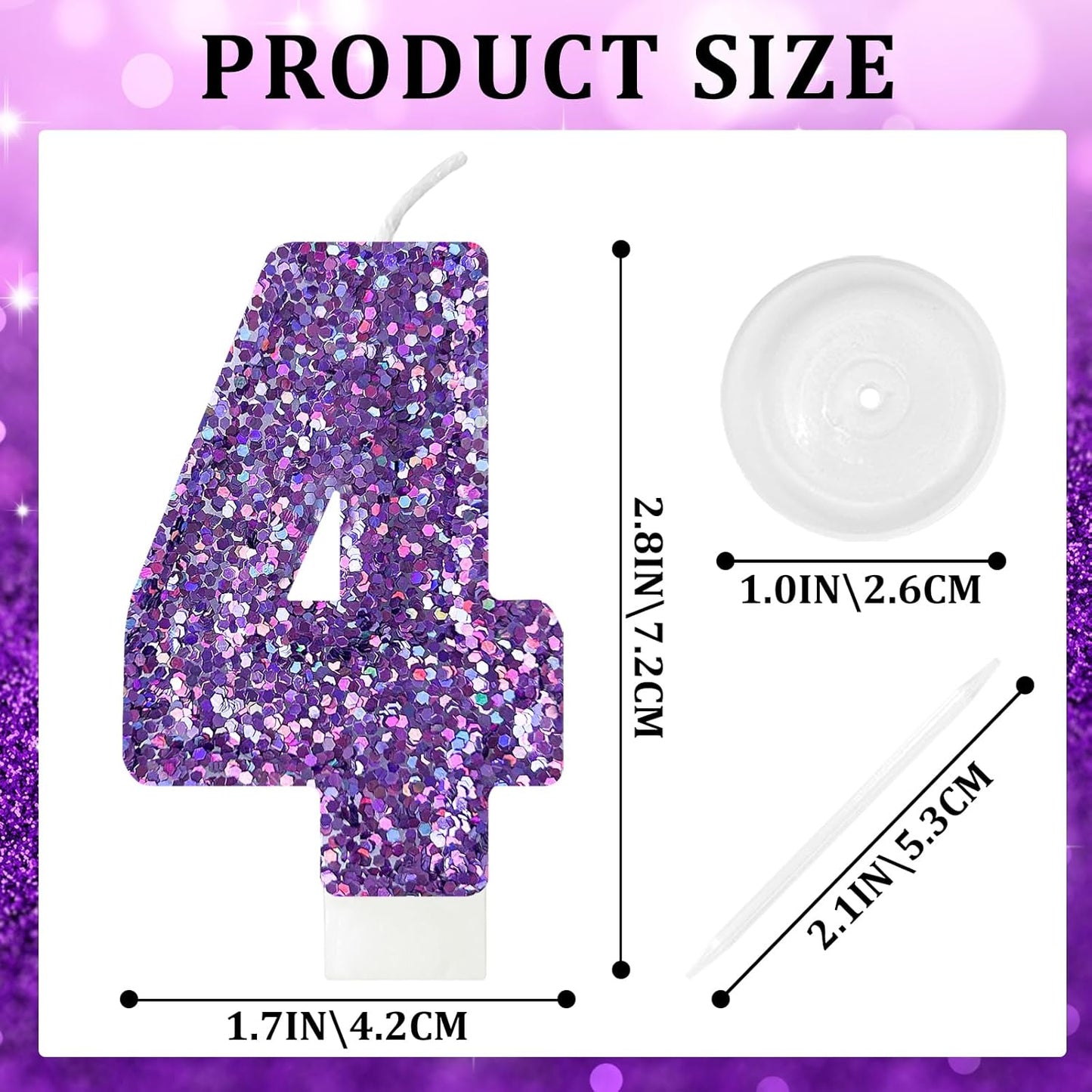 Birthday Number Candles, Glitter Number Candle Cake Decorations with Sequins, Cupcake Decorations for Girls, Women, Party Anniversary Celebrations (Number 4, Purple)