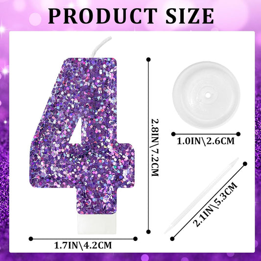 Birthday Number Candles, Glitter Number Candle Cake Decorations with Sequins, Cupcake Decorations for Girls, Women, Party Anniversary Celebrations (Number 4, Purple)