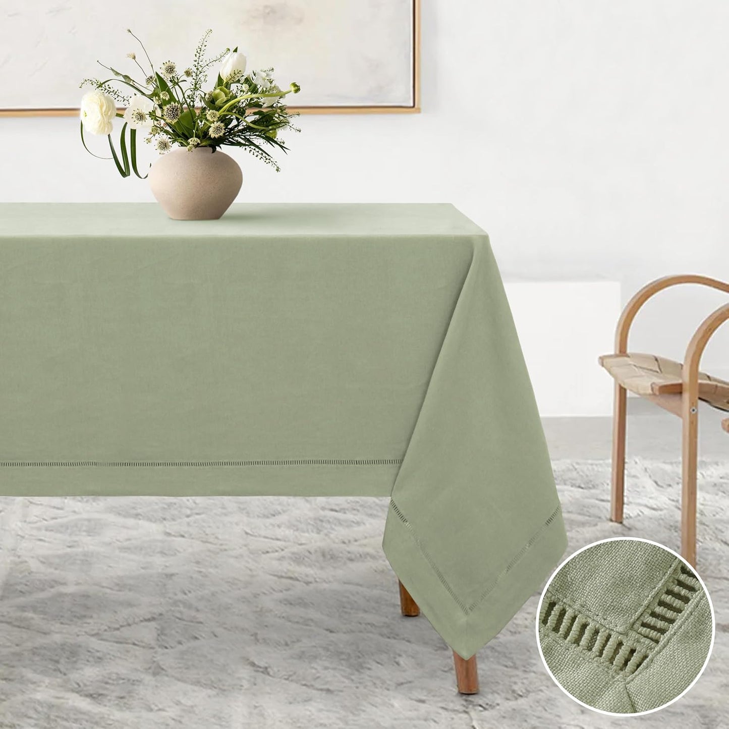 Linen World Hemstitch Linen Tablecloth,French Linen Sage Tablecloth 120" x 60" Inch,Washable Rectangular Table Cloth for Dining,Outdoor,Weddings and Restaurants,Decorative Thanksgiving Christmas