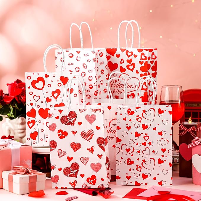 Glenmal 24 Pcs Valentines Bags Bulk with Handles 8.3 x 5.9 x 3.1 Inch Red Heart Love Gift Treat Goodie Candy Paper Bags for Classroom Valentine's Day Gift Wrapping Anniversary Dating Wedding