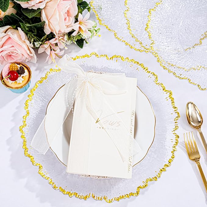20pcs Clear and Gold Charger Plates Bulk 13inch Plastic Chargers for Dinner Plate Disposable Charger Plates Table Chargers for Wedding,Afternoon Tea,Spring,Mother's Day,Valentine's Day,Easter,Business