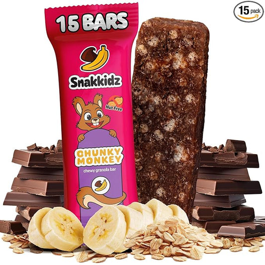 Snakkidz Organic Chewy Granola Bar, Allergen Free, Made with Avocado Oil, Low Sugar (15 Bars, Chunky Monkey)