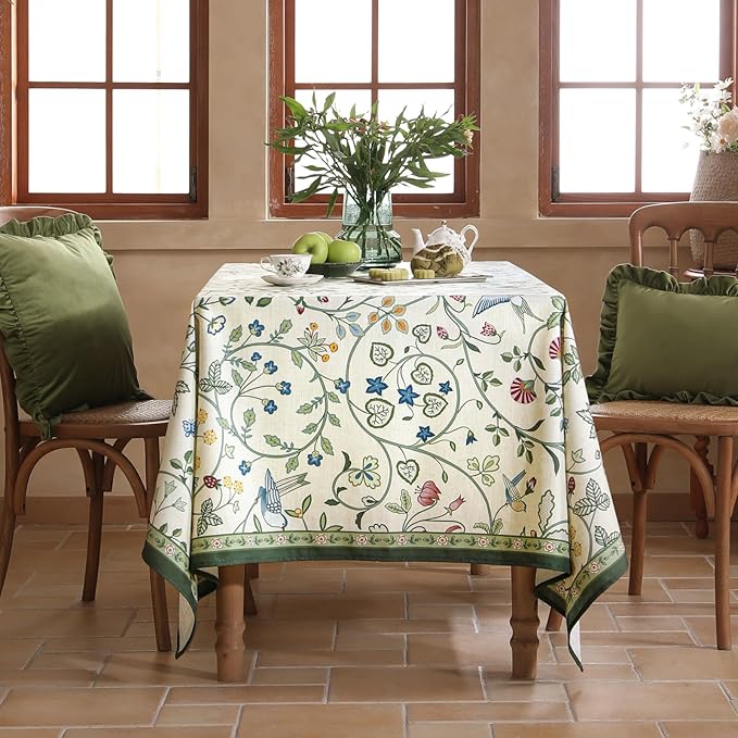 Linen Table Cloth Rectangle,Wrinkle Resistant French White and Green Tablecloth Print with Froal,Decor Stitch Table Cloth for Thanksgiving,Dining Room,Home,55" × 79"-Idaho A