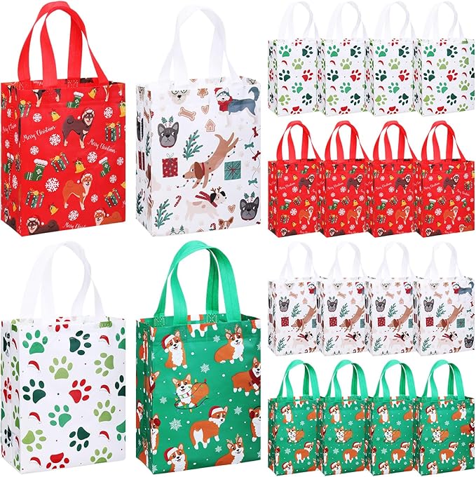 Wesnoy 24 Pcs Christmas Dog Gift Bags Bulk 10 x 8 x 4 Inch Reusable Non Woven Christmas Tote Treat Goodies Candy Bags with Handles Party Favors Supplies for Xmas Gift Holiday Party Decorations