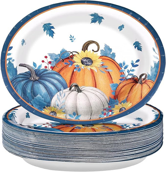 50Pcs Fall Oval Paper Plates Thanksgiving Plates 10" X 12" Large Disposable Blue White Pumpkin Plate Autumn Sunflower Platter Dinner Tableware for Autumn Harvest Thanksgiving Party Decorations