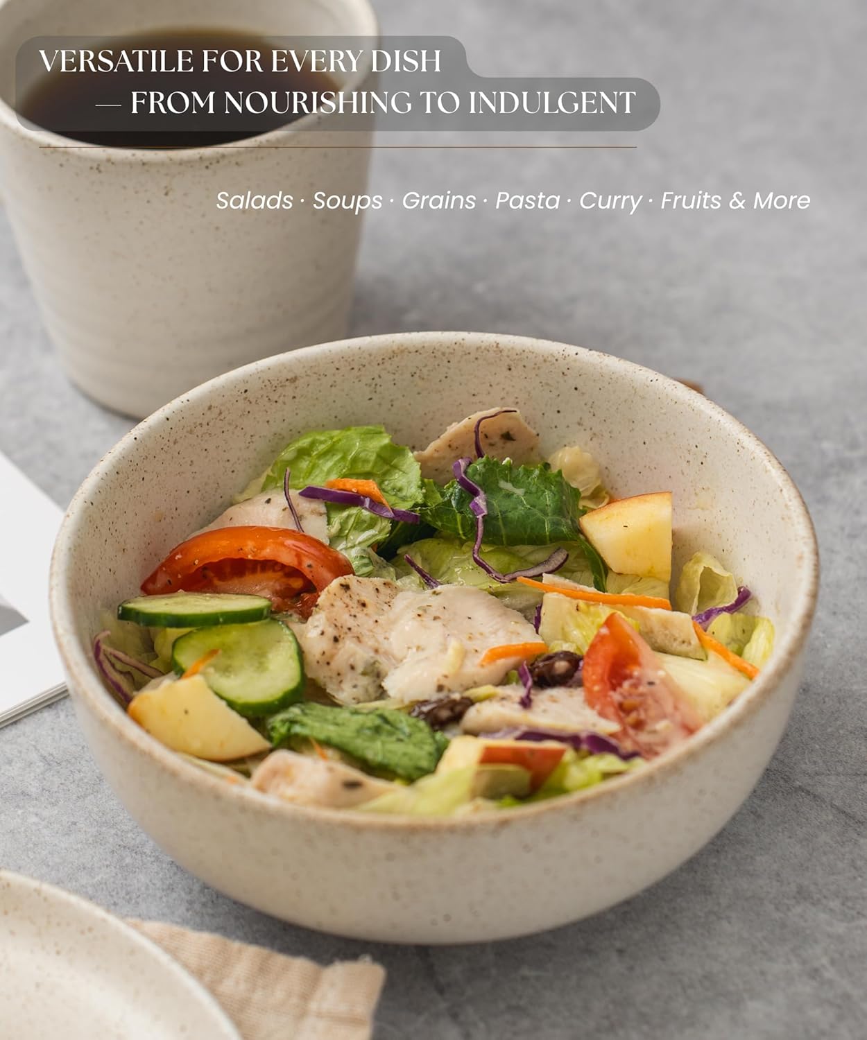 Stoneware Bowl Set of 4-25oz, 6.5" Ceramic Serving Bowls for Salad, Cereal, Soup & Fruit - Microwave & Dishwasher Safe - Rustic Minimalist Design - Oatmeal Cream - Ideal Gift