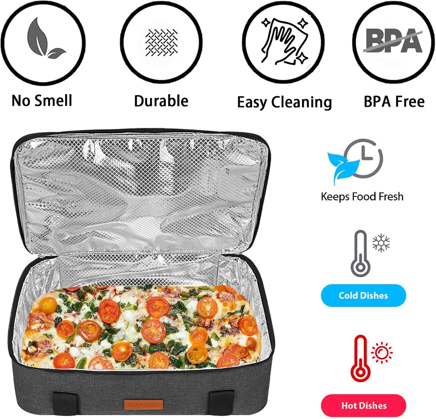 Insulated Casserole Carrier for Hot or Cold Food, Reusable Insulated Food Carrier for Potluck Parties, Picnic, Cookouts, Fits 11 x 15 or 9 x 13 Lasagna Pan, Casserole Dish, Baking Dish（Gray）