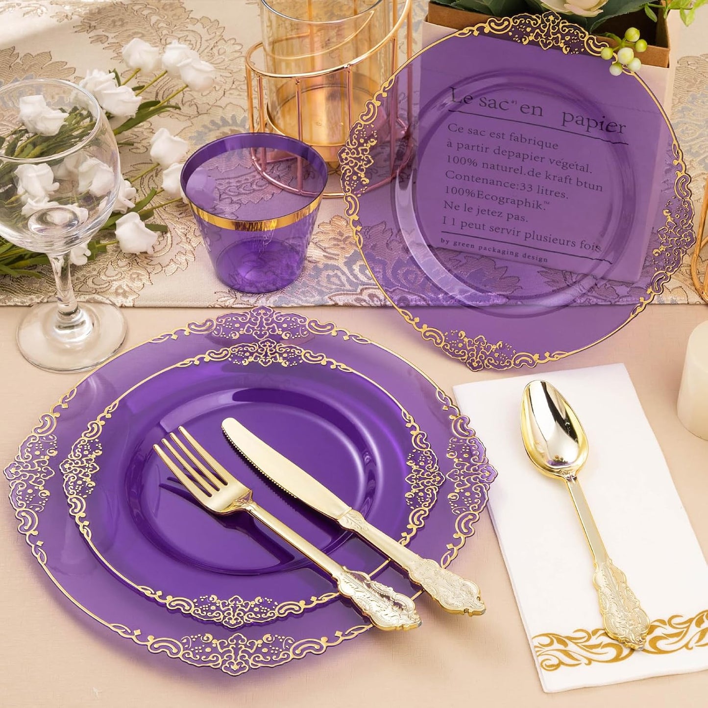 350PCS Clear Purple Plastic Plates for 50 Guests, Disposable Plates with Gold Trim include 50 Dinner Plates, 50 Dessert Plates, 150 Gold Silverware, 50 Cups, 50 Napkins for Party, Wedding