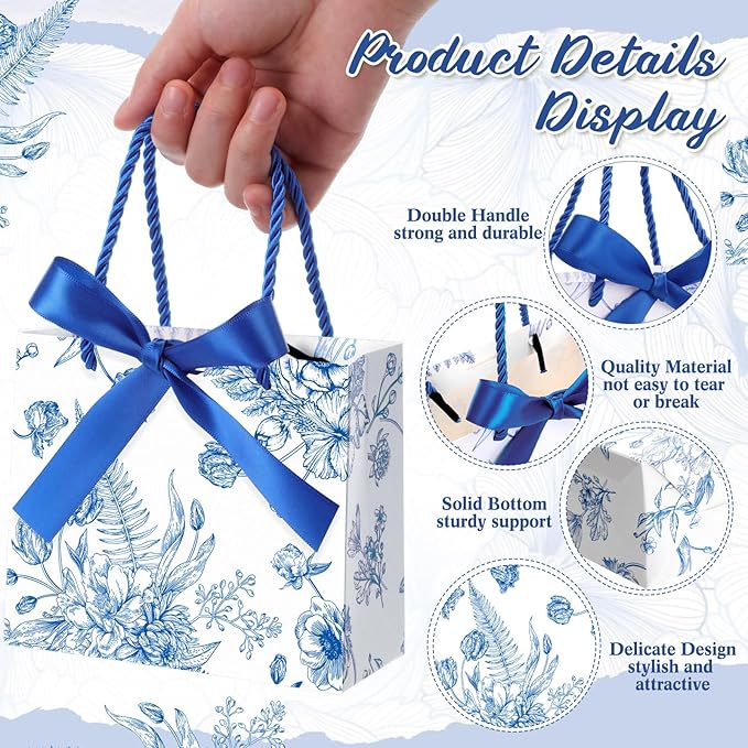 Moinchore 30 Pcs Blue and White Floral Paper Gift Bags with Ribbon Handles, 5.5 x 4.7 x 2.5 in Medium Decorative Favor Bags for Baby Shower, Bridal Party, Wedding, Birthday, Candy, Snacks and Presents
