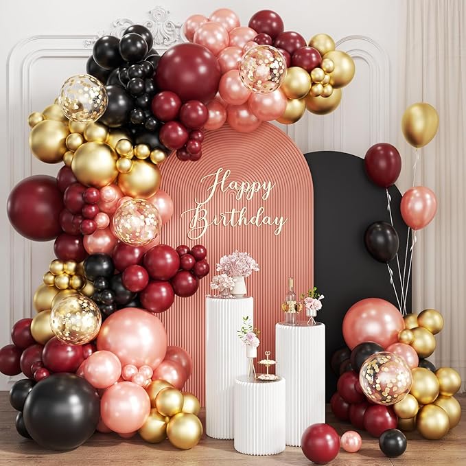 Burgundy Balloon Garland Arch Kit, 167Pcs Maroon Pearl Rose Gold Black Balloons for Birthday Graduation Bridal Shower Party Decorations
