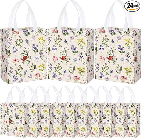 Supervitae 24 Pack Vintage Floral Theme Gift Bags Medium Wildflower Party Favor Flower Totes Reusable Non Woven Goodie Bags for Wedding Birthday Baby Shower Family Holiday Travel(9.8 x 7.9 x 3.9)