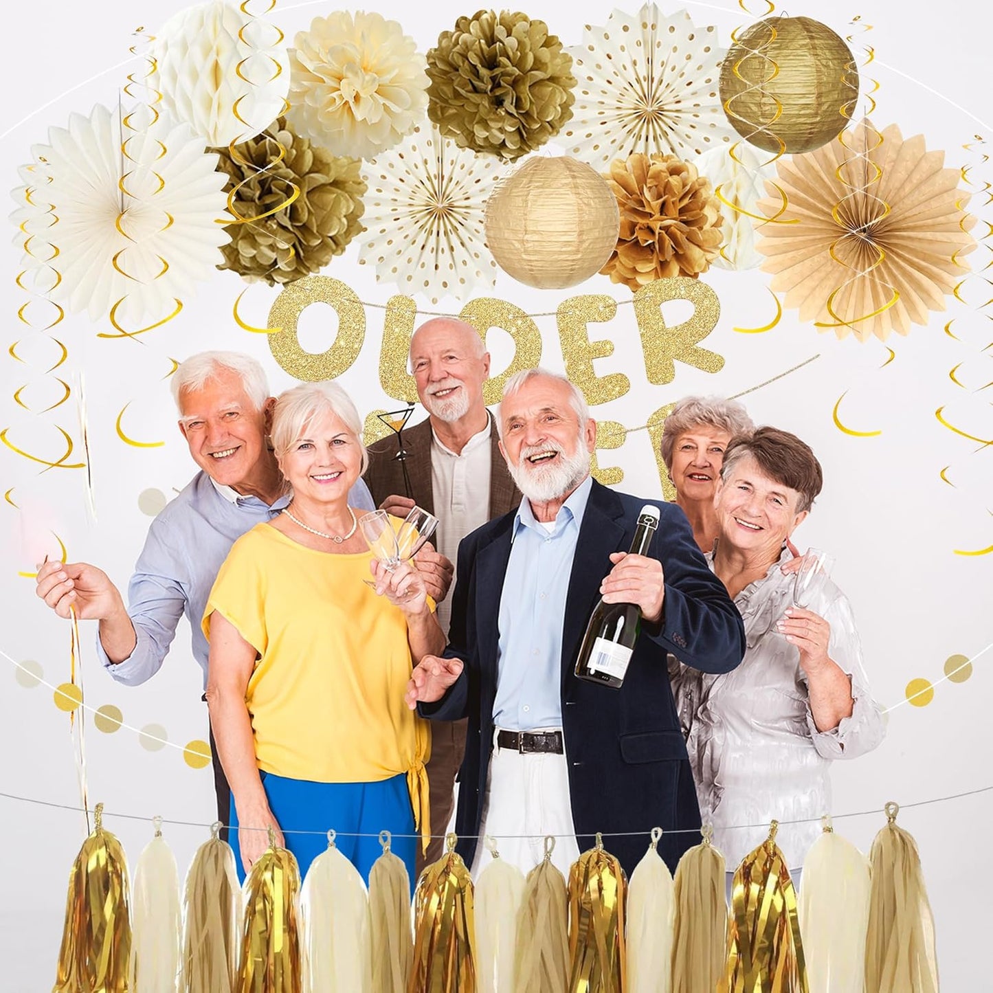 Roetyce Birthday Party Decorations, Gold Glitter Older Wiser Hotter Banner Photo Background for Women Men, Funny Happy Birthday Backdrop Decor, 30th 40th 50th 60th 70th 80th Party Supplies