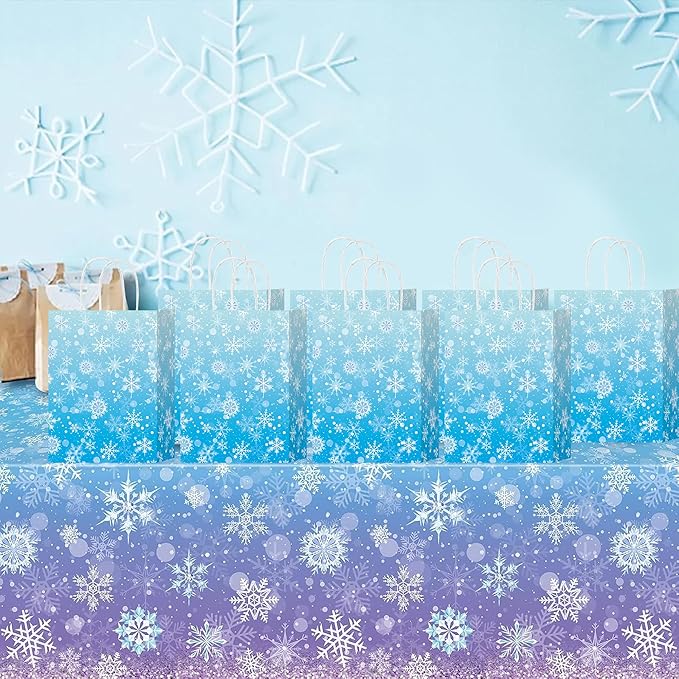 HongXingHai Christmas Gift Bags with Handles, 16 Pack Kraft Paper Bags with Snowflake Design, Reusable Holiday Party Favor Bags for Christmas, Winter Birthday, Wedding, Shopping, Small Gifts