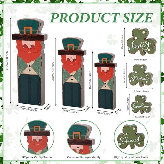 6 Pcs Wooden St Patricks Day Tiered Tray Decorations Sign Wood Irish Table Centerpieces Block Leprechaun Clover Figurines Shamrock Lucky Tabletop Ornaments for Rustic Farmhouse Office Home Shelf