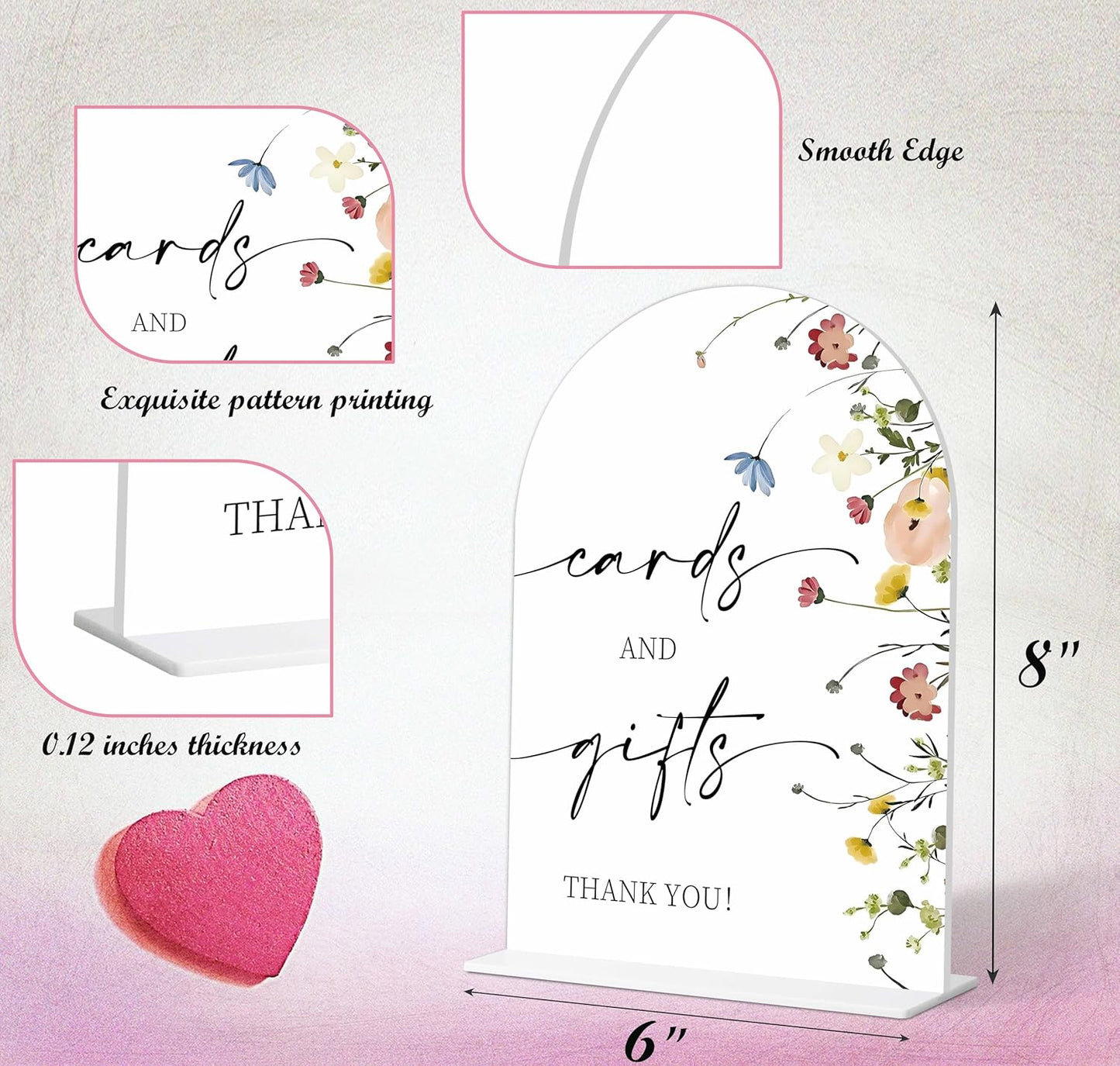 Cards and Gifts Sign, Flower Style Gift Table Sign for Wedding Reception, Bridal Shower and Engagement, Centerpiece Party Decorations, Wedding Shower Favors, 6X8 Inch Acrylic Arch Sign with Stand,37