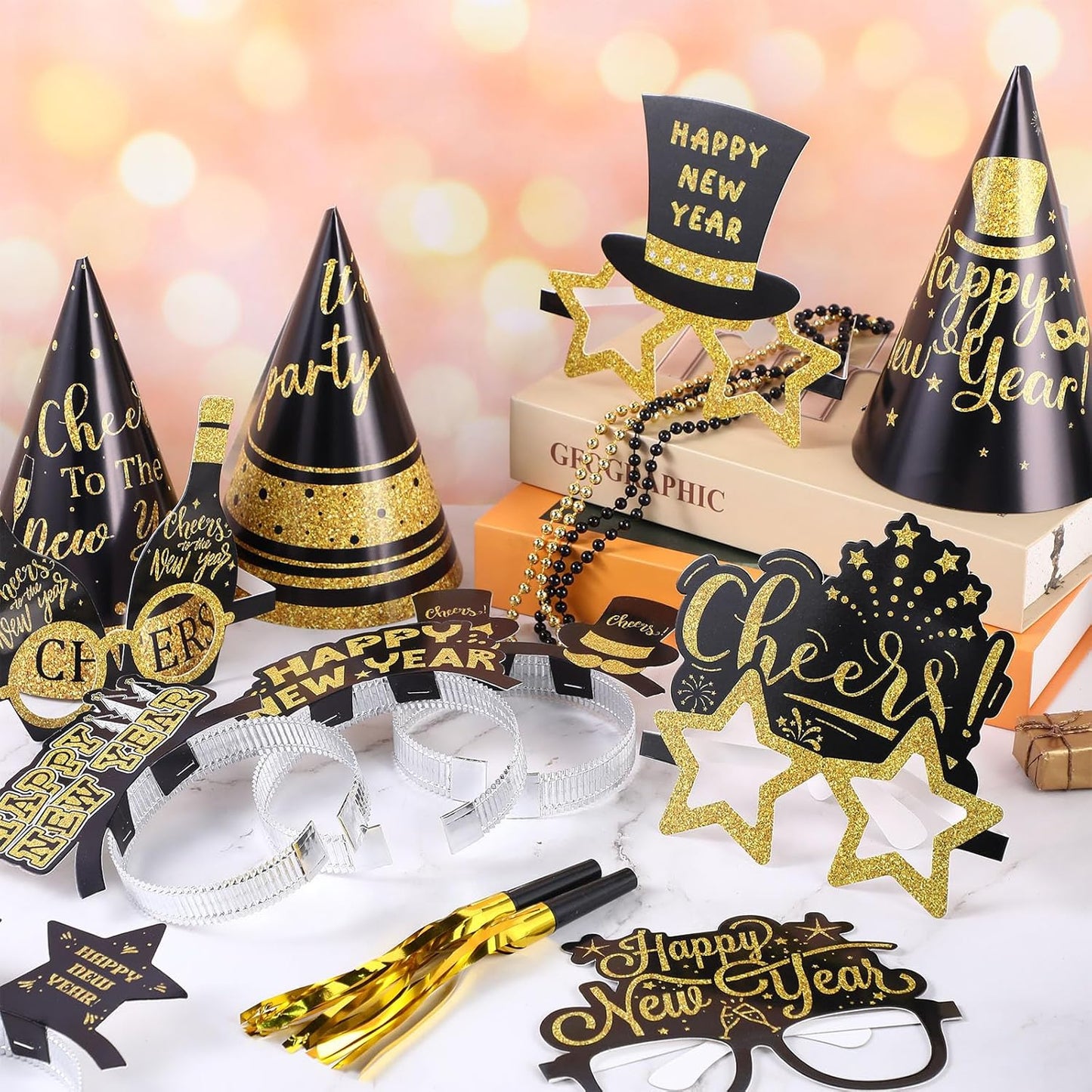 240 Pcs 2026 New Years Eve Party Favor Supplies for 48 Pcs Guest Happy New Year Glasses Paper Headband Cone Hat Fringed Noisemaker Black Gold Bead Necklace for Newyear Christmas Party Decor