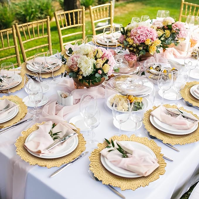 Rtteri 50 Pcs 13 Inch Charger Plates Bulk, Plastic Charger Plates with Floral Reef Design, Round Ruffled Rim Decorative Dinner Tableware for Wedding, Party, Event Table Decor(Light Gold)