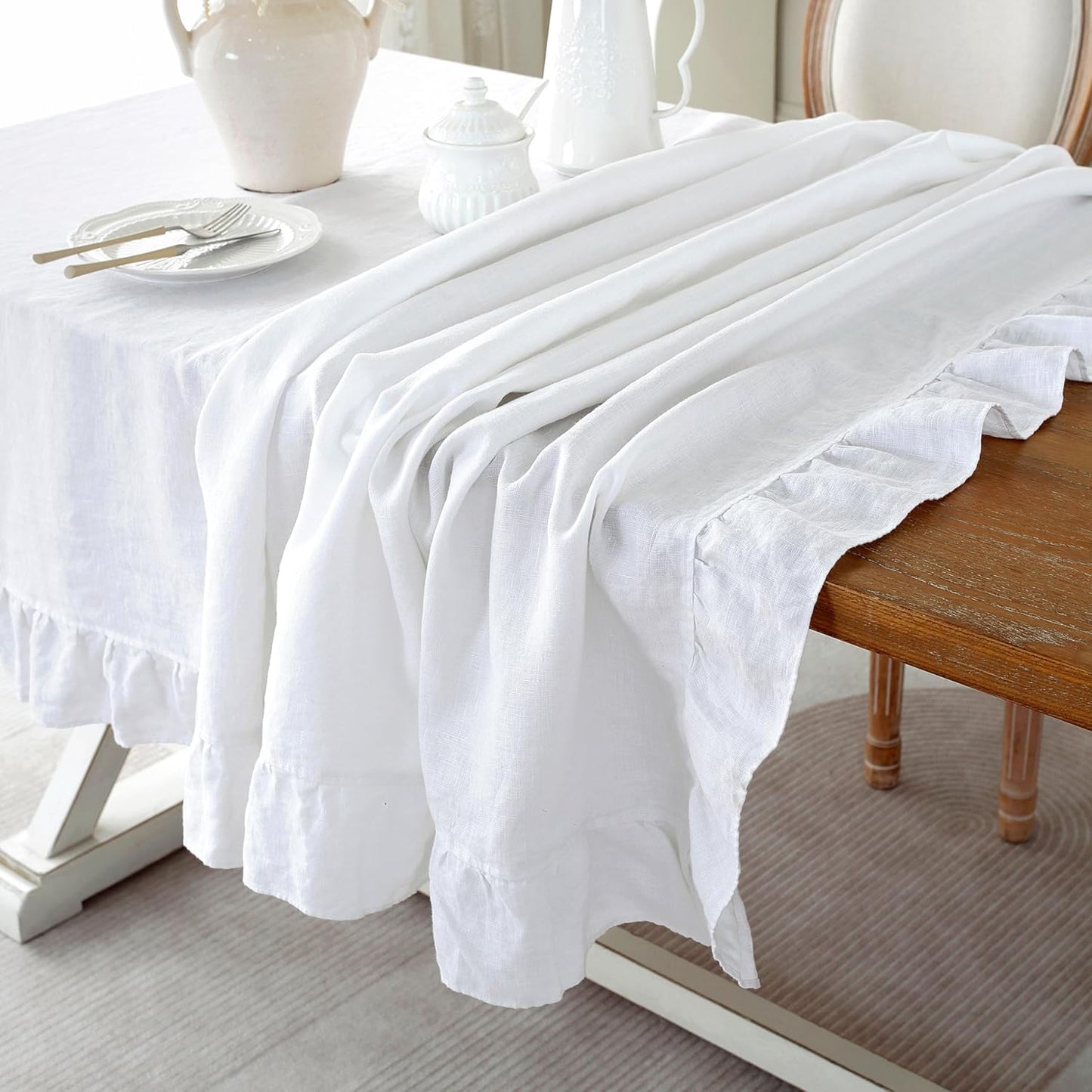 Linen World Ruffle Linen Tablecloth,100% French Linen White Tablecloth 108" x 60" Inch,Washable Rectangular Tablecloth for Dining,Outdoor,Weddings and Restaurants,Decorative Thanksgiving Christmas