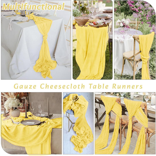 4Pack Light Yellow Cheesecloth Table Runner 10FT Gauze Cheese Cloth Table Runner 35x120Inch Long Boho Spring Easter Table Runners Rustic Sheer Table Runners for Wedding Baby Bridal Shower Decor