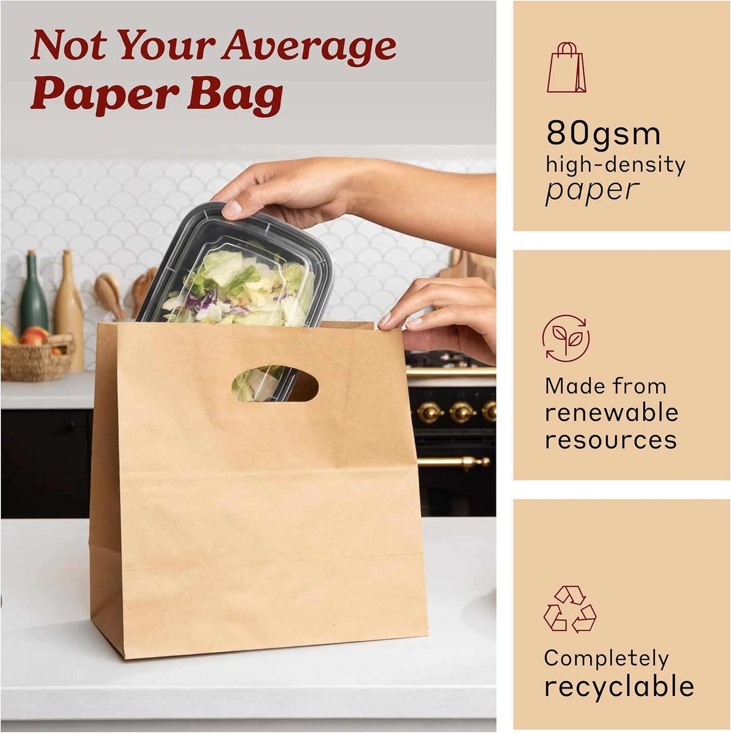 Natural Brown Kraft Paper Bags with Die Cut Handles - Recyclable Shopping Tote Bag for Retail, Gifts, Restaurant Takeout, Catering, Bakery, Small Business, Party Favors - 11" x 6" x 11", 500 Pack