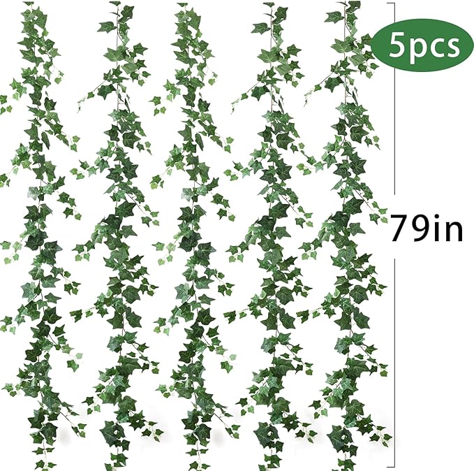 mizii 5 Pack 395" Artificial Vines Ivy Garland Fake Vine Realistic Silk Green Leaves Faux Hanging Plants Greenery Decoration for Outdoors Wedding Arch Party Indoor Mantle Bedroom Home Decor