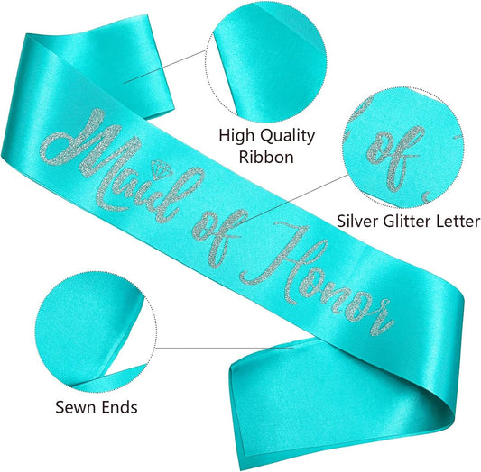 Maid of Honor Sash, Blue Sash with Silver Glitter Letter Bachelorette Party Sash for Bridal Shower Wedding Party Accessories Supplies Engagement Gifts