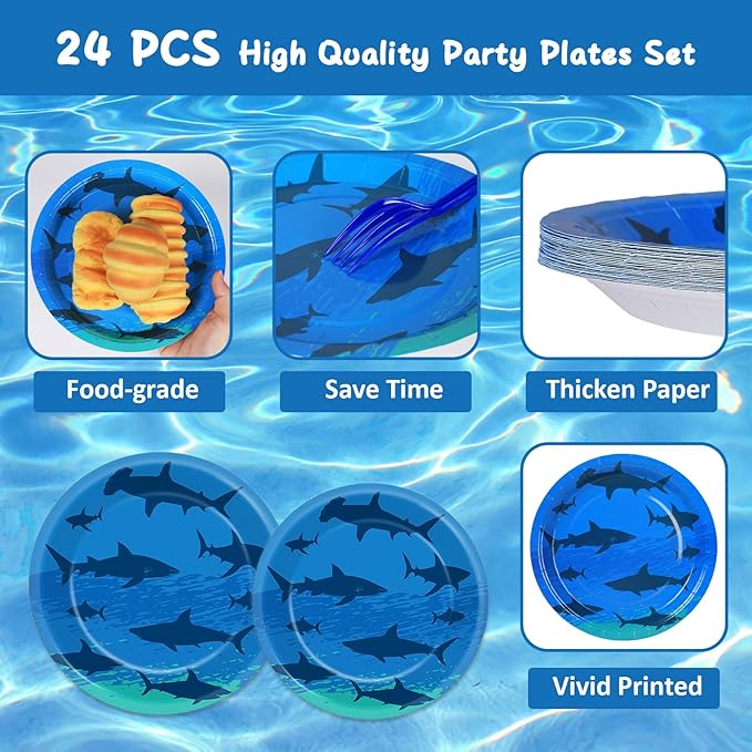 96PCS Shark Birthday Paper Plates Napkins Forks Set for Ocean Shark Themed Party Disposable Decor Under the Sea Party Tableware Sets for Baby Shower Ocean Animal Theme Party Decorations